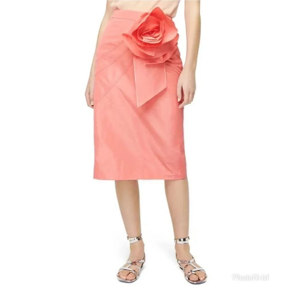 J.CREW TAFFETA ROSETTE ROSE PENCIL MIDI SKIRT IN BRIGHT PINK CORAL